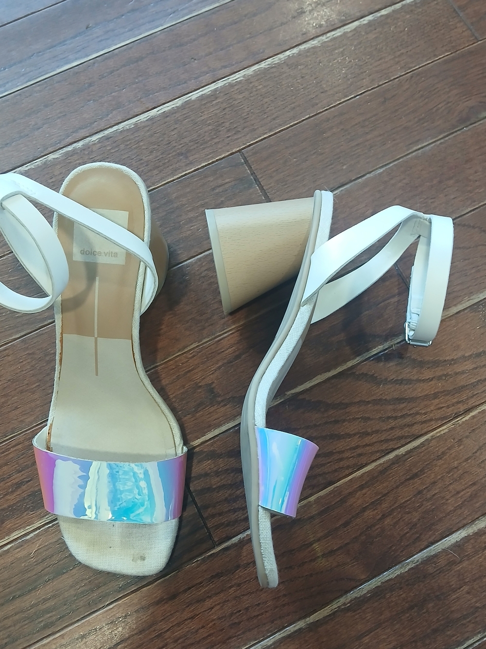 Dolce Vita White Ankle-Strap Hazel Block Heels with Iridescent Toe Band Sz 6.5 M